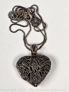 FAS 925 Marcasite Puffed Heart Locket Pendant Necklace