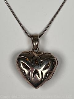 FAS 925 Marcasite Puffed Heart Locket Pendant Necklace