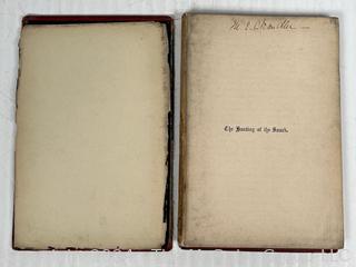 "The Hunting of the Snark: An Agony in Eight Fits" by Lewis Carroll. 

London: MacMillan and Co., 1876. xi,(3),83 pp. 12 mo. Dark Red Front and Rear Boards with Gilt Pictorial Illustrations by Henry Holiday. All edges gilt. Original black endpapers. Printed in London by R. Clay Sons & Taylor. Half title. One old ownership signature. Original plate tissue on Title Page. Last unnumbered leaf contains advertisements for Carrol's other works. A First Edition, this Issue Contains "Baker" for "Butcher" on p83. A fantastical poem involving a strange crew of tradesmen and a beaver as they set off on a journey to find "the Snark". 

1876 First Edition, 17th Printing of 1,000 {Description Updated 9/19/24 at 4:27pm ET}