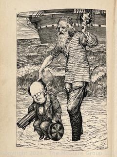 "The Hunting of the Snark: An Agony in Eight Fits" by Lewis Carroll. 

London: MacMillan and Co., 1876. xi,(3),83 pp. 12 mo. Dark Red Front and Rear Boards with Gilt Pictorial Illustrations by Henry Holiday. All edges gilt. Original black endpapers. Printed in London by R. Clay Sons & Taylor. Half title. One old ownership signature. Original plate tissue on Title Page. Last unnumbered leaf contains advertisements for Carrol's other works. A First Edition, this Issue Contains "Baker" for "Butcher" on p83. A fantastical poem involving a strange crew of tradesmen and a beaver as they set off on a journey to find "the Snark". 

1876 First Edition, 17th Printing of 1,000 {Description Updated 9/19/24 at 4:27pm ET}