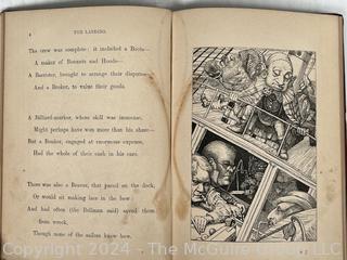 "The Hunting of the Snark: An Agony in Eight Fits" by Lewis Carroll. 

London: MacMillan and Co., 1876. xi,(3),83 pp. 12 mo. Dark Red Front and Rear Boards with Gilt Pictorial Illustrations by Henry Holiday. All edges gilt. Original black endpapers. Printed in London by R. Clay Sons & Taylor. Half title. One old ownership signature. Original plate tissue on Title Page. Last unnumbered leaf contains advertisements for Carrol's other works. A First Edition, this Issue Contains "Baker" for "Butcher" on p83. A fantastical poem involving a strange crew of tradesmen and a beaver as they set off on a journey to find "the Snark". 

1876 First Edition, 17th Printing of 1,000 {Description Updated 9/19/24 at 4:27pm ET}