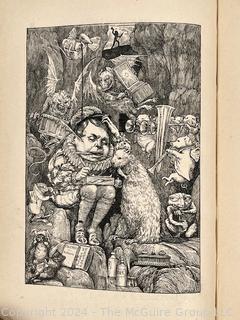 "The Hunting of the Snark: An Agony in Eight Fits" by Lewis Carroll. 

London: MacMillan and Co., 1876. xi,(3),83 pp. 12 mo. Dark Red Front and Rear Boards with Gilt Pictorial Illustrations by Henry Holiday. All edges gilt. Original black endpapers. Printed in London by R. Clay Sons & Taylor. Half title. One old ownership signature. Original plate tissue on Title Page. Last unnumbered leaf contains advertisements for Carrol's other works. A First Edition, this Issue Contains "Baker" for "Butcher" on p83. A fantastical poem involving a strange crew of tradesmen and a beaver as they set off on a journey to find "the Snark". 

1876 First Edition, 17th Printing of 1,000 {Description Updated 9/19/24 at 4:27pm ET}