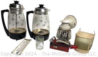 MCM Proctor Silex Percolators (Atomic- no cords), Battery Lantern, Exterior Wall Light Fixture,Thermometer & Glass Tumbler 