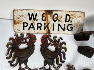 Group Including Rusted W & OD Parking Sign, Cast Iron Roosters, Metal Bookends and Thermometer 