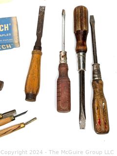 Hand Tools Including Leather Hammer, Folding Rule, Wood Carving Gouges and Flathead Screwdrivers