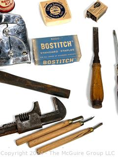 Hand Tools Including Leather Hammer, Folding Rule, Wood Carving Gouges and Flathead Screwdrivers