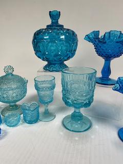 Collection of Blue Fenton and Hobnail Art Glass