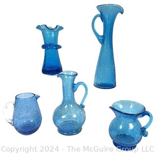 Five (5) Mid Century Blue Bottles and Pitchers