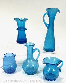 Five (5) Mid Century Blue Bottles and Pitchers