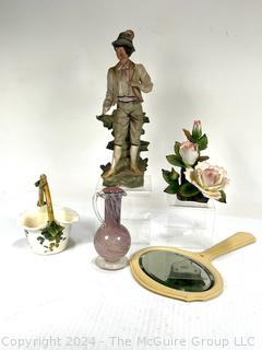 Hand Painted Italian Figurine, Floral Ceramics and Glass Vase