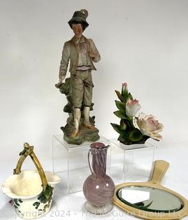 Hand Painted Italian Figurine, Floral Ceramics and Glass Vase