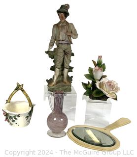 Hand Painted Italian Figurine, Floral Ceramics and Glass Vase