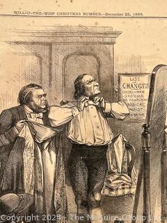 Folio of 14 British Newspaper Printed Pages from the Weekly Publication "Will-o'-the-Wisp". Covers Oct. Nov. and Dec. of 1868. Political and Cultural Satire by English Engraver John Proctor. 10" x 14" with Center Fold Mounting Strip