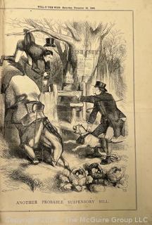 Folio of 14 British Newspaper Printed Pages from the Weekly Publication "Will-o'-the-Wisp". Covers Oct. Nov. and Dec. of 1868. Political and Cultural Satire by English Engraver John Proctor. 10" x 14" with Center Fold Mounting Strip