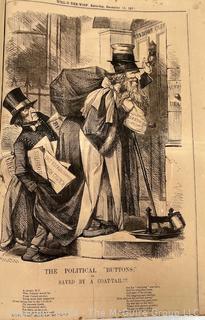 Folio of 14 British Newspaper Printed Pages from the Weekly Publication "Will-o'-the-Wisp". Covers Oct. Nov. and Dec. of 1868. Political and Cultural Satire by English Engraver John Proctor. 10" x 14" with Center Fold Mounting Strip