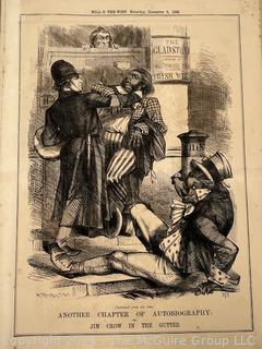 Folio of 14 British Newspaper Printed Pages from the Weekly Publication "Will-o'-the-Wisp". Covers Oct. Nov. and Dec. of 1868. Political and Cultural Satire by English Engraver John Proctor. 10" x 14" with Center Fold Mounting Strip