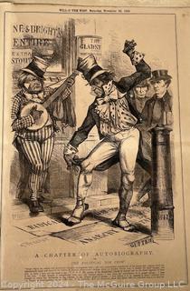 Folio of 14 British Newspaper Printed Pages from the Weekly Publication "Will-o'-the-Wisp". Covers Oct. Nov. and Dec. of 1868. Political and Cultural Satire by English Engraver John Proctor. 10" x 14" with Center Fold Mounting Strip