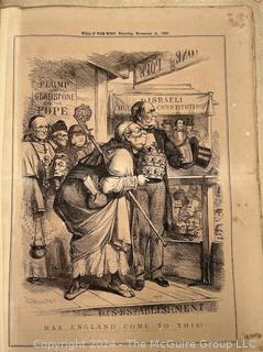 Folio of 14 British Newspaper Printed Pages from the Weekly Publication "Will-o'-the-Wisp". Covers Oct. Nov. and Dec. of 1868. Political and Cultural Satire by English Engraver John Proctor. 10" x 14" with Center Fold Mounting Strip