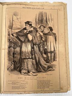 Folio of 14 British Newspaper Printed Pages from the Weekly Publication "Will-o'-the-Wisp". Covers Oct. Nov. and Dec. of 1868. Political and Cultural Satire by English Engraver John Proctor. 10" x 14" with Center Fold Mounting Strip