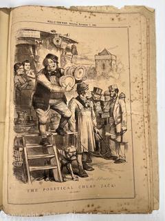 Folio of 14 British Newspaper Printed Pages from the Weekly Publication "Will-o'-the-Wisp". Covers Oct. Nov. and Dec. of 1868. Political and Cultural Satire by English Engraver John Proctor. 10" x 14" with Center Fold Mounting Strip