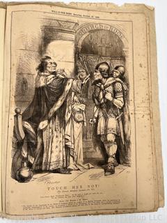 Folio of 14 British Newspaper Printed Pages from the Weekly Publication "Will-o'-the-Wisp". Covers Oct. Nov. and Dec. of 1868. Political and Cultural Satire by English Engraver John Proctor. 10" x 14" with Center Fold Mounting Strip