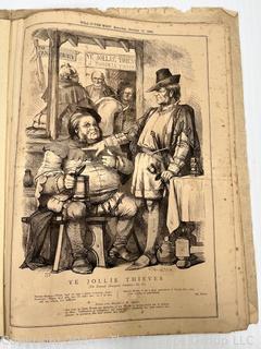 Folio of 14 British Newspaper Printed Pages from the Weekly Publication "Will-o'-the-Wisp". Covers Oct. Nov. and Dec. of 1868. Political and Cultural Satire by English Engraver John Proctor. 10" x 14" with Center Fold Mounting Strip