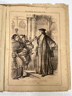 Folio of 14 British Newspaper Printed Pages from the Weekly Publication "Will-o'-the-Wisp". Covers Oct. Nov. and Dec. of 1868. Political and Cultural Satire by English Engraver John Proctor. 10" x 14" with Center Fold Mounting Strip