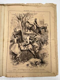 Folio of 14 British Newspaper Printed Pages from the Weekly Publication "Will-o'-the-Wisp". Covers Oct. Nov. and Dec. of 1868. Political and Cultural Satire by English Engraver John Proctor. 10" x 14" with Center Fold Mounting Strip