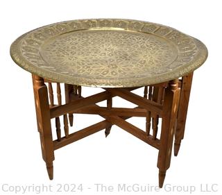 Moroccan Brass Tray Tea Table on Folding Wood 17 x 25"