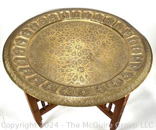 Moroccan Brass Tray Tea Table on Folding Wood 17 x 25"