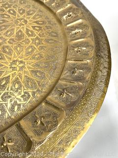 Moroccan Brass Tray Tea Table on Folding Wood 17 x 25"