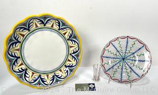 Italian Ceramic Serving Platter and Hand Painted Geodesic Bowl and Juice Glass