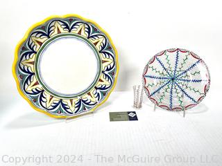 Italian Ceramic Serving Platter and Hand Painted Geodesic Bowl and Juice Glass