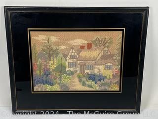 Framed Under Glass: Needlework of Garden In Bloom 17 x 21"