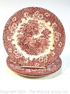 Three (3) English Red Ironstone Transferware Plates, 8" Diameter