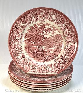 Set of Six (6) English Red Ironstone Transferware Plates, 8" Diameter