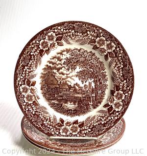 Three (3) Brown Broadhurst Staffordshire Ironstone Transferware Plates.  8" Diameter