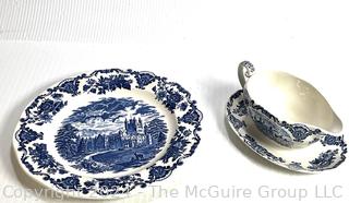 Porcelain Blue Enoch Wedgwood Tunstall Royal Homes of Britain Transferware Gravy Boat with Plate
