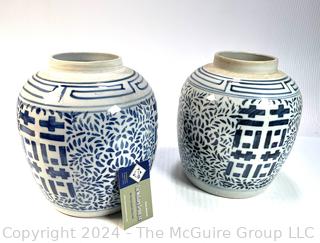 Two (2) Blue and White Ginger Pots, No Lids. 9" Tall