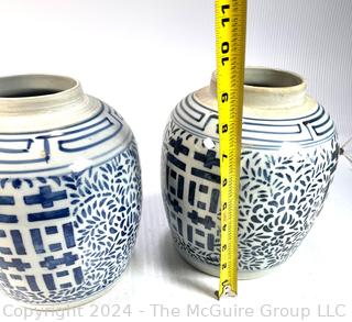 Two (2) Blue and White Ginger Pots, No Lids. 9" Tall