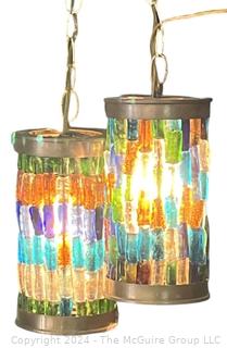 Two (2) MCM Pendant Swag Lamps with Glass Panels. One Plug Wired Together 