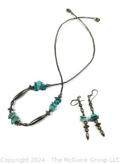 Southwestern Sterling Silver with Turquoise Stone Necklace and Earrings.  Unmarked