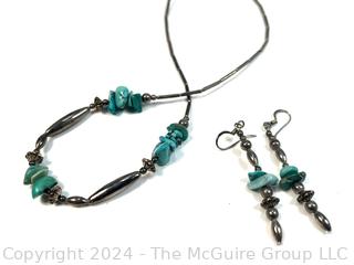 Southwestern Sterling Silver with Turquoise Stone Necklace and Earrings.  Unmarked