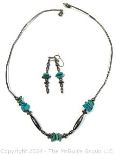 Southwestern Sterling Silver with Turquoise Stone Necklace and Earrings.  Unmarked