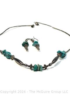 Southwestern Sterling Silver with Turquoise Stone Necklace and Earrings.  Unmarked