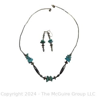 Southwestern Sterling Silver with Turquoise Stone Necklace and Earrings.  Unmarked