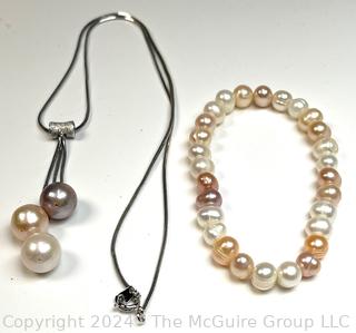 Triple Freshwater Pearl Lariat Necklace in Sterling Silver With Matching Pearl Bracelet