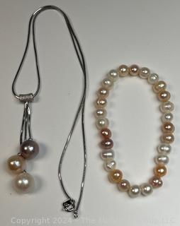 Triple Freshwater Pearl Lariat Necklace in Sterling Silver With Matching Pearl Bracelet