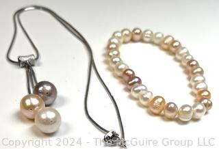 Triple Freshwater Pearl Lariat Necklace in Sterling Silver With Matching Pearl Bracelet