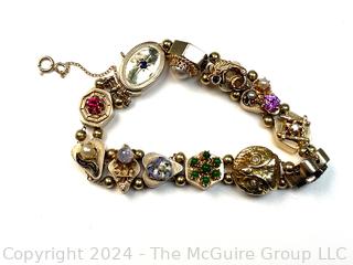 Antique 14k Yellow Gold Slider Charm Bracelet with Gemstones.  Second of three offered in this auction. 